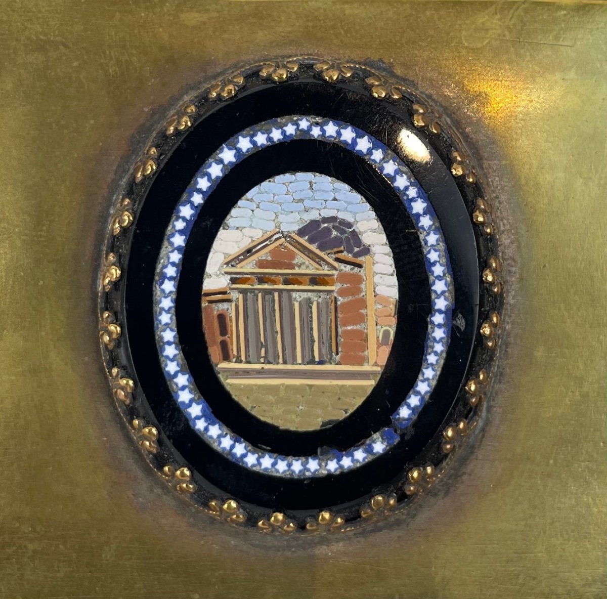Coffret En Métal Doré Avec Micromosaïque Représentant Le Panthéon - Italie 1850-photo-3